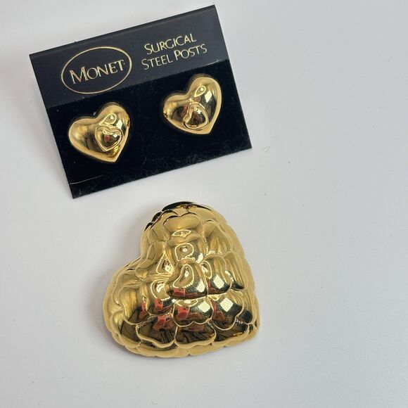 Monet Gold Tone Heart Earrings Surgical Steel Posts & Heart Pin Brooch Set - Picture 1 of 4